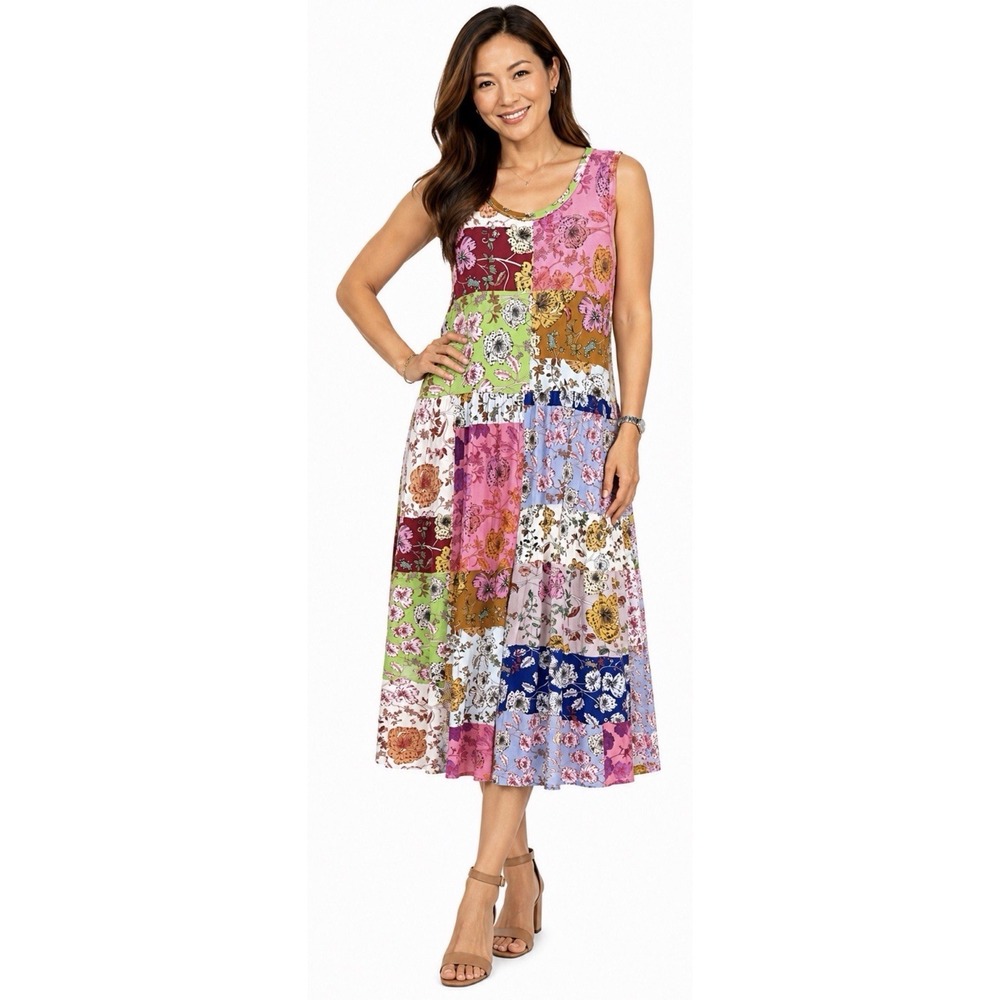 JOHNNY WAS Cosmo Easy Fit Floral Patchwork Midi Dress Women's XS Boho Bohemian